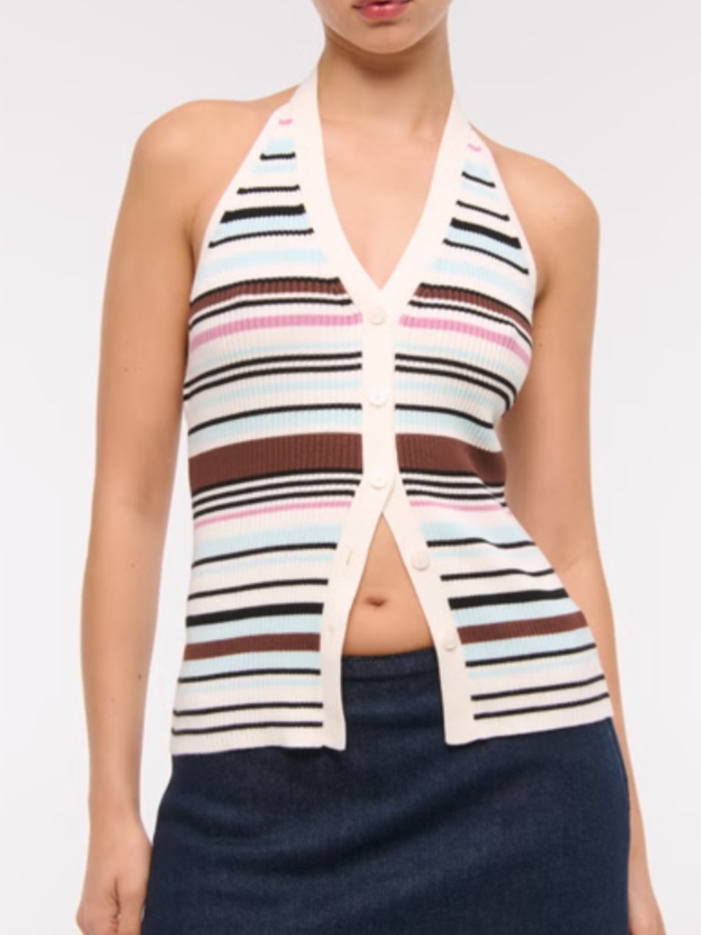 Abercrombie & Fitch Striped Knit Halter Top - Cream, Black, Light Blue, Pink
